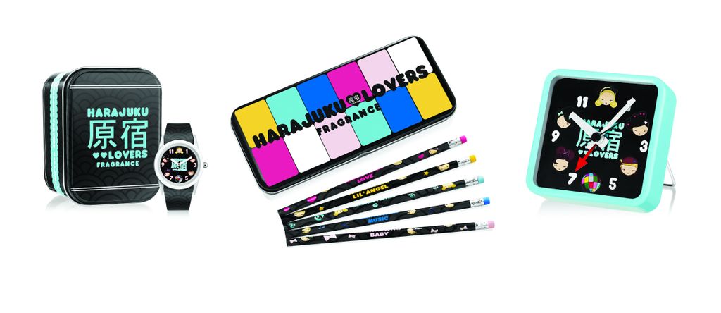 HARAJUKU LOVERS | design of all GWPs - watch/tin container. pencil set/tin container, alarm clock