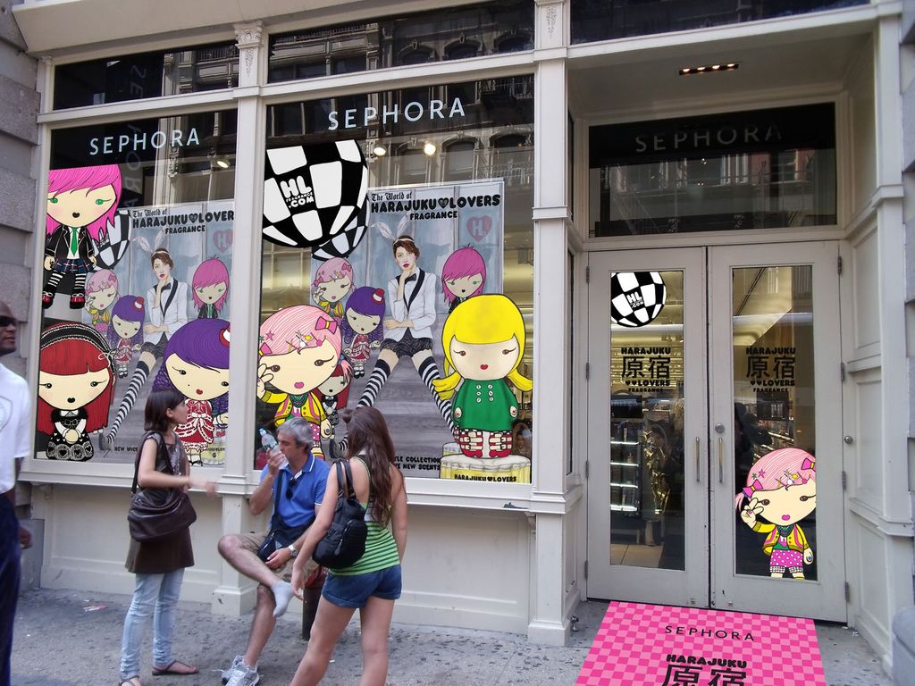 HARAJUKU LOVERS | design of Sephora Soho window designs for NYC Fashion’s Night Out to support limited edition EDT collection